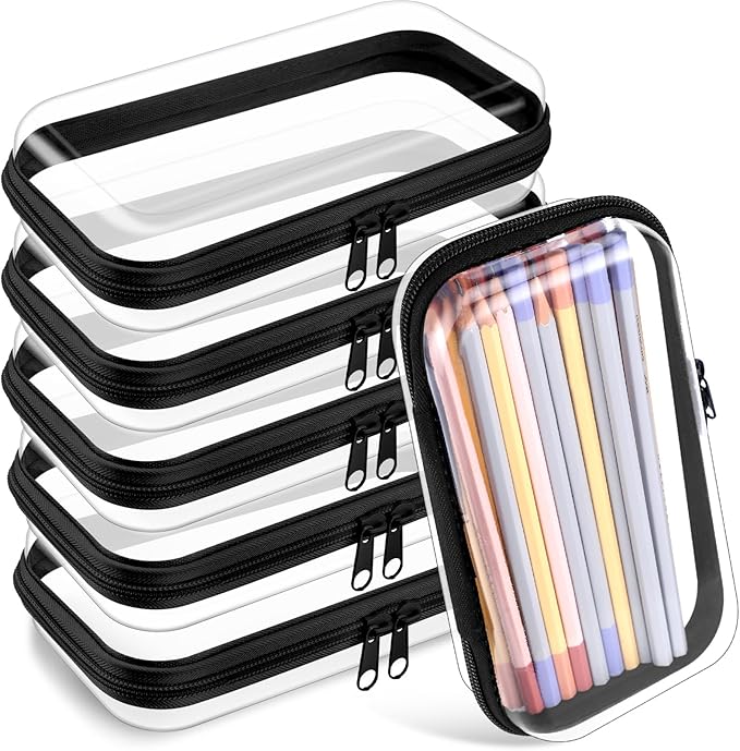 Sanwuta 6 Pcs Clear Hard Zipper Case Hard Plastic Zipper Pouches Transparent Makeup Bag Pencil Pouches for Travel Snacks Christmas Trinket Storage Organizer Box(Black,7.48 x 3.94 x 2 Inch)