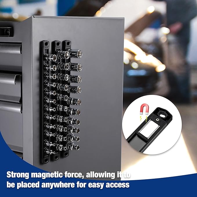 WORKPRO Magnetic Socket Organizer, 1/2-Inch Drive Aluminum Alloy Socket Rail, Heavy Duty Socket Holder, Socket Rack Kit 1/2-Inch x 10 Clips Black (Socket not Included)