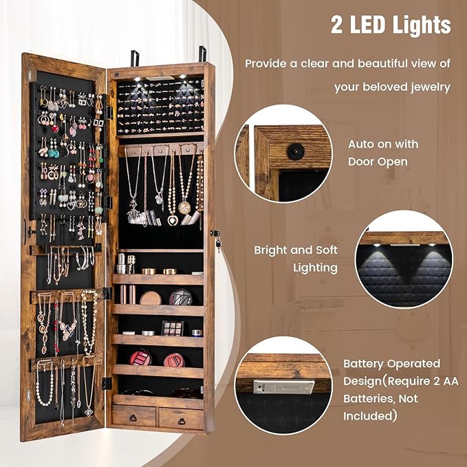 HAPPYGRILL Over the Door Jewelry Organizer, Hanging Jewelry Storage Cabinet w/Full-Length, Inner Makeup Mirror, Earring Shelves, Ring Slots, 25 Necklace Hooks, Wall Mounted Jewelry Armoire for Women