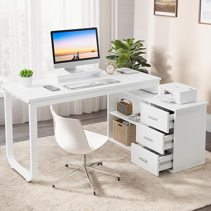 55 Inch Reversible L Shaped Desk with 3 Drawers, White Craft Desk with Storage, Corner Computer Escritorio with Shelves and Monitor Stand for Bedroom, White