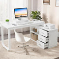 55 Inch Reversible L Shaped Desk with 3 Drawers, White Craft Desk with Storage, Corner Computer Escritorio with Shelves and Monitor Stand for Bedroom, White