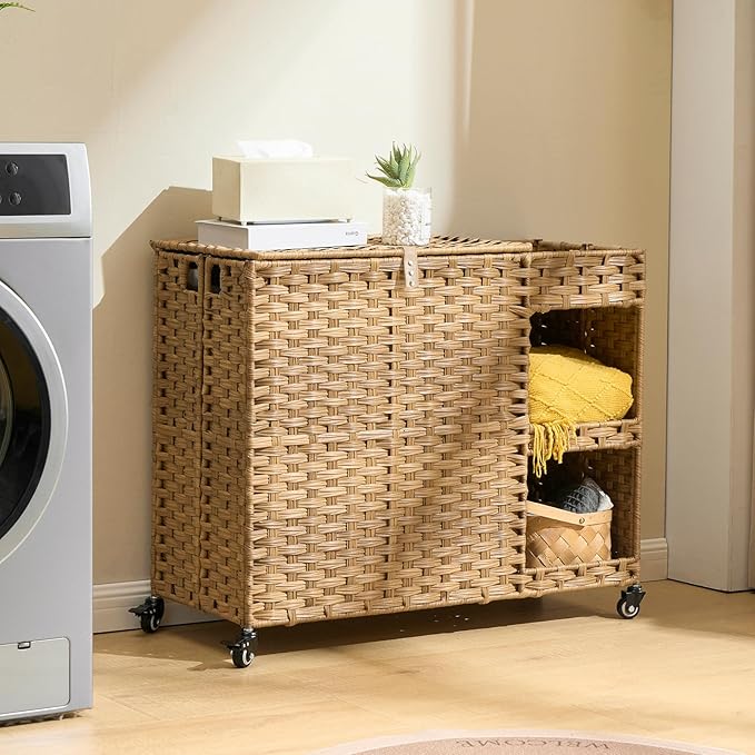 Laundry Hamper with Wheels, 42.3 Gal.(160 L) Laundry Sorter with Shelves, Rattan Clothes Hamper with 4 Removable Liners & 3 Mesh Bags, Handwoven Organizer for bedroom, bathroom, laundry room, Natural