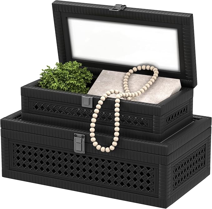 Rattan Decorative Box,Boho Display Boxes with Lids,Set of 2 Rectangular Wicker Storage Decoration,Natural Woven Cane Bins for Home Decor for Rustic Farmhouse(Black)