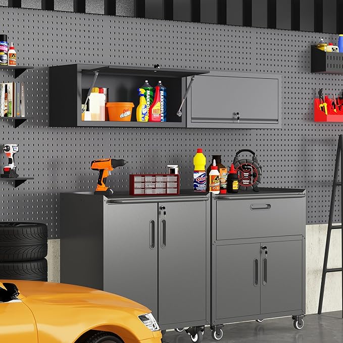 Metal Tool Cabinet,Garage Storage Cabinet System,Wall Cabinet & Locking Rolling Tool Cabinet with Doors and Adjustable Shelves,Steel Tool Cabinets for Home (1 Pcs-StyleA, Black)