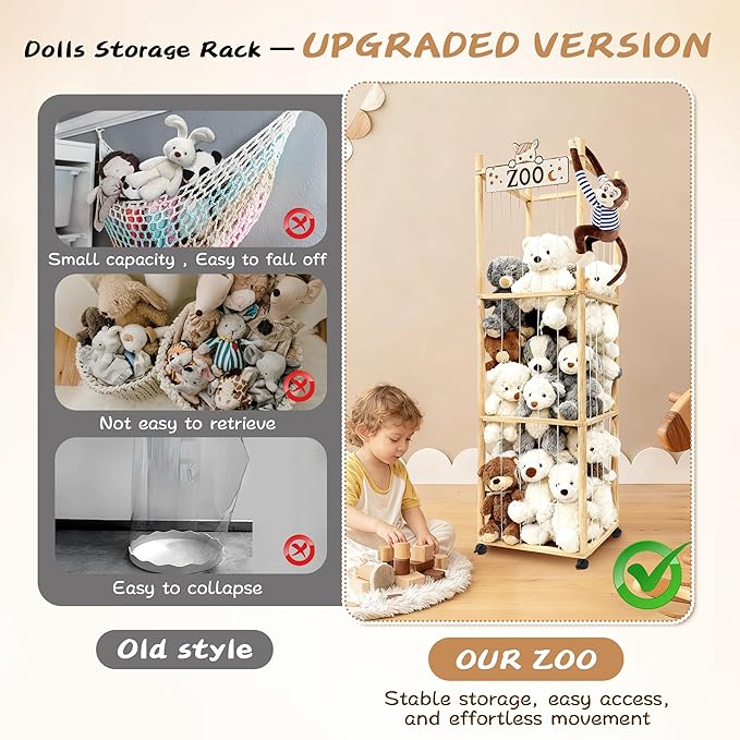 Stuffed Animal Storage Organizer, 55In Large Wooden Zoo Toy Storage Holder with Brake Wheels & Elastic Band, Space Save Stuffy Plushies Organizers for Playroom, Bedroom and Nursery