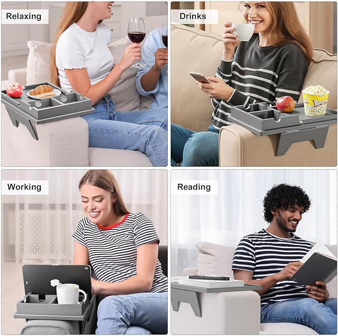 Couch Cup Holder Tray - 2 in 1 Couch Armrest Table with Be Slide-Away Detachable Double Holder - Sofa Armchair Caddy for Drinking Snacks iPad TV Remote (Gray)