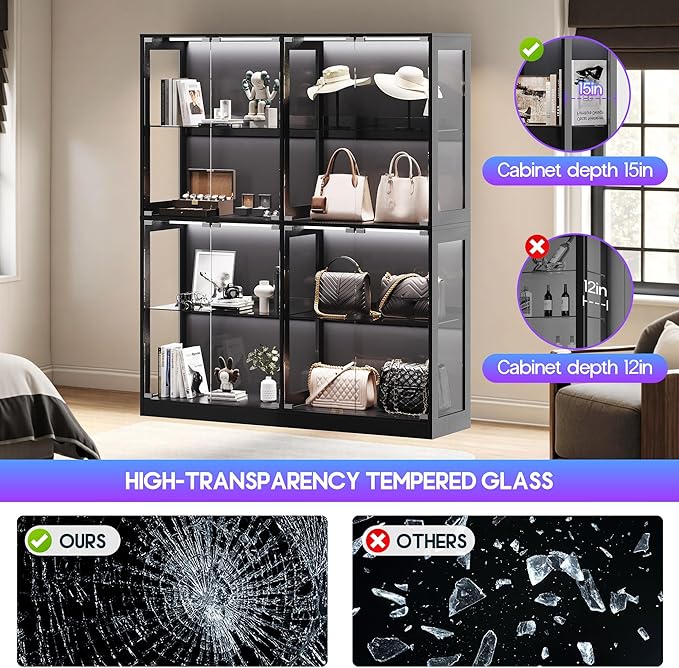 AMERLIFE RGB Display Cabinet with Adjustable Glass Shelves, 4-Tier Storage Case with LED Lights & Press-to-Open Doors, Modern Display Shelf for Collectibles, Black 70" H×60" L×16" D