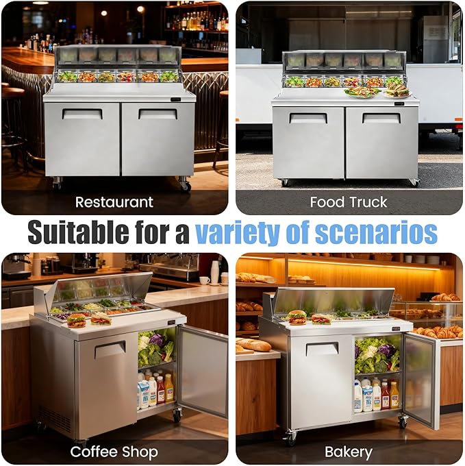 48" W Commercial Refrigerator Sandwich Salad Prep Table, Stainless Steel 2-Door Sandwich Prep Table Refrigerator, Counter Fan Cooling Refrigerator with 12 Pans for Restaurant, Bar