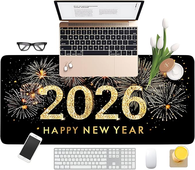 2026 Happy New Year Gaming Mouse Pad 35.4"x15.7"Desk Mat Anti-Slip Rubber Base & Durable Stitched Edges for Gamers Smooth Mouse Writing Surface for Desk Office/Home