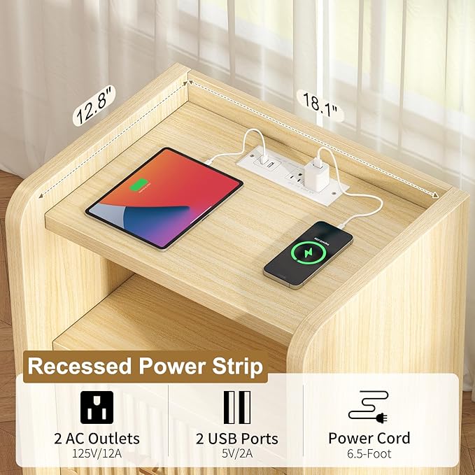 Night Stand with Charger Station, Fluted Nightstands Set of 2 with Drawer, Modern Bedside Table Set of 2, Wide Nightstands for Bedroom, Mid Century Wooden Night Stands for Home Sofa Couch