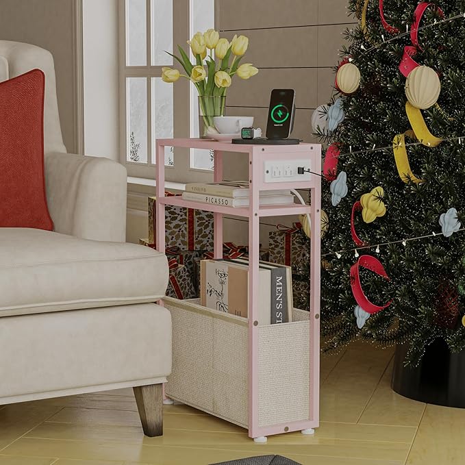 Pink Side Table with Charging Station, Slim End Tables with Linen Basket, Skinny Table for Small Spaces, Thin Bedside Table for Living Room, Bedroom