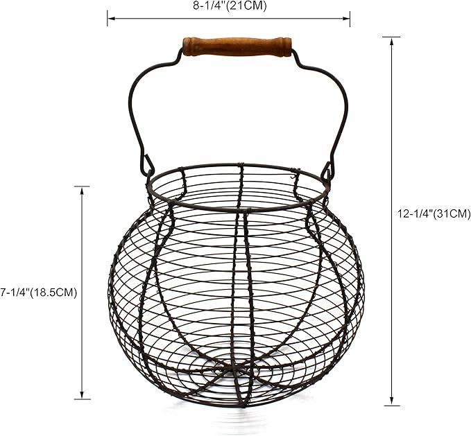 CVHOMEDECO. Antique Wire Egg Basket with Wood Handle Primitives Vintage Gathering Basket. Rusty