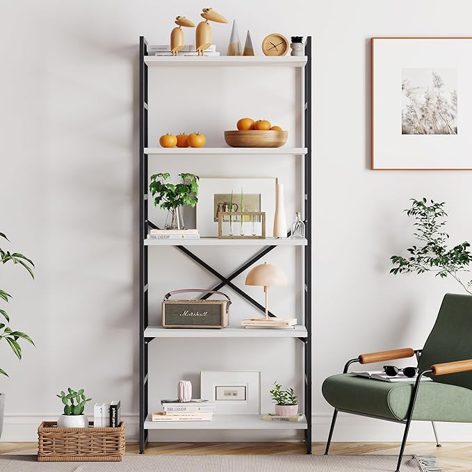 Vongrasig 5 Tier Bookshelf, Modern Tall Bookcase, Industrial Book Shelves Display Standing Shelf, Free Standing Storage Organizer for Bedroom, Living Room, White