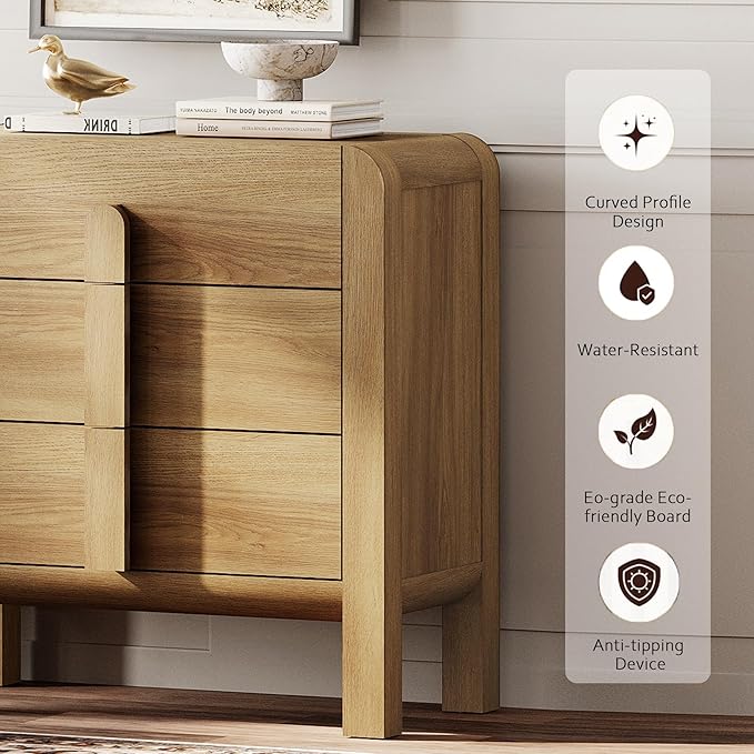 WAMPAT 6 Drawer Dresser for Bedroom,2 in 1 63" Wide Mid Century Modern Wide Chest of Drawer, Wood Tall Nightstand with Curved Edge Handles, Closet Dresser TV Stand for Bedroom, Light Walnut