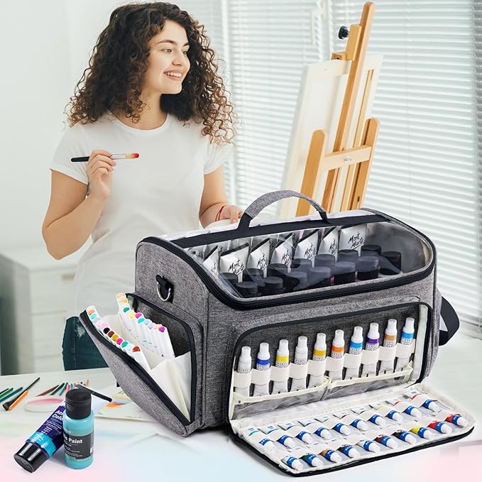 SFYBYHEART Acrylic Paint Organizer Bag with Washable Roll-Up Brush Holder, Large Art Supply Case, Craft Organizer with Foam Inserts for Apple Barrel, Shuttle Art, Caliart Art Supplies Storage Bag