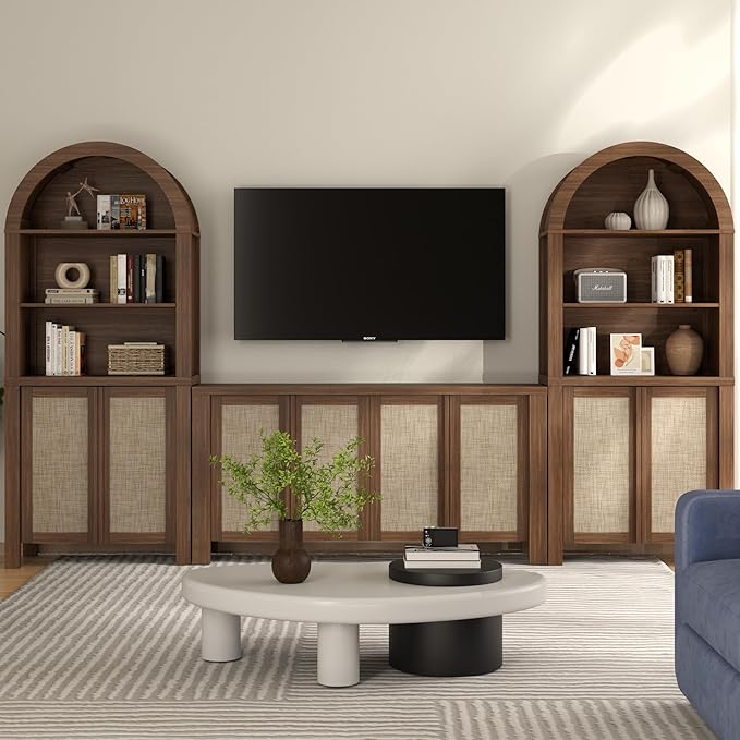 Yechen Arched Bookcase, 70.5" Tall Bookcase with Storage, Mid-Century Modern 5 Tier Bookshelves with Door, Boho Rattan Bookshelf for Living Room Kitchen Office Bedroom Library, Dark Walnut,1 PCS
