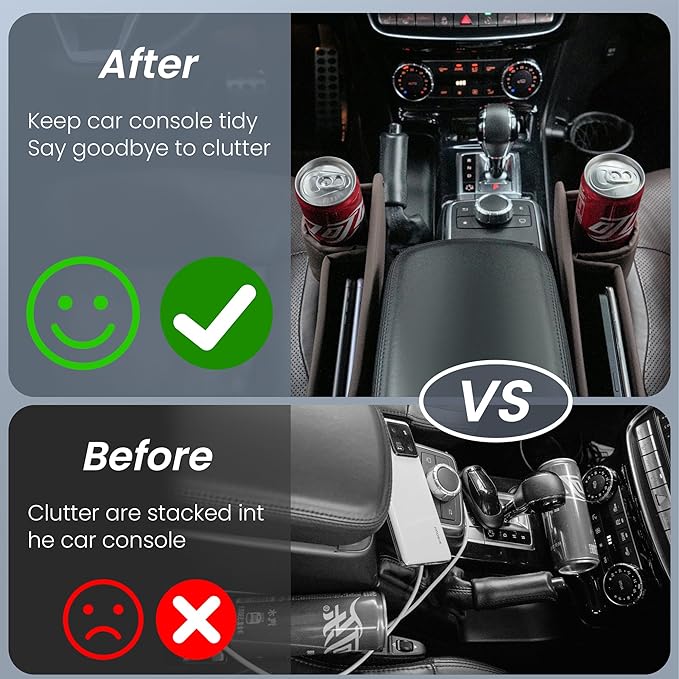 2-Pack PU Leather Car Seat Gap Organizer | 1 Cup Holder per Side | 11.2"x8.3"x2.5" Quick-Install Storage for Phone, Keys, Drinks (Left+Right)（Black）