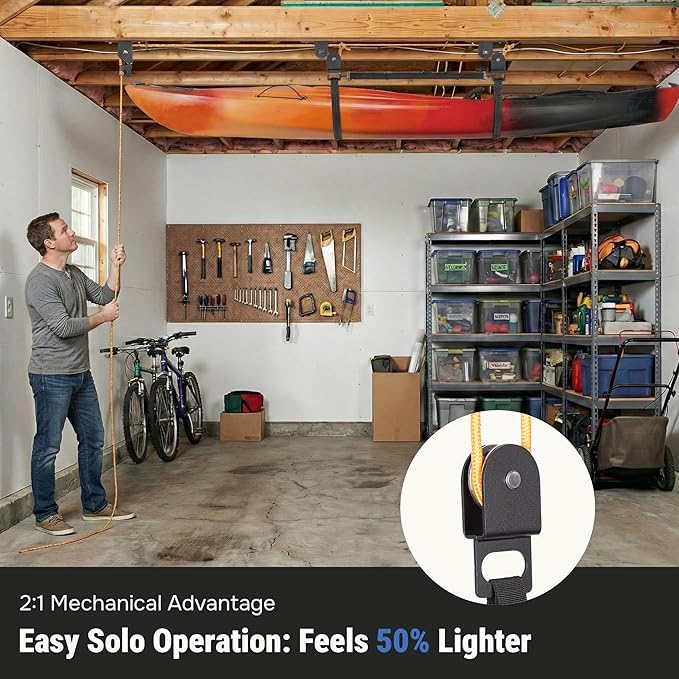 Kayak Hoist for Garage Ceiling with Metal Pulley System Holds 150 lbs, 5.5" Low-Profile Canoe Storage Lift, Parallel or Perpendicular Mounted
