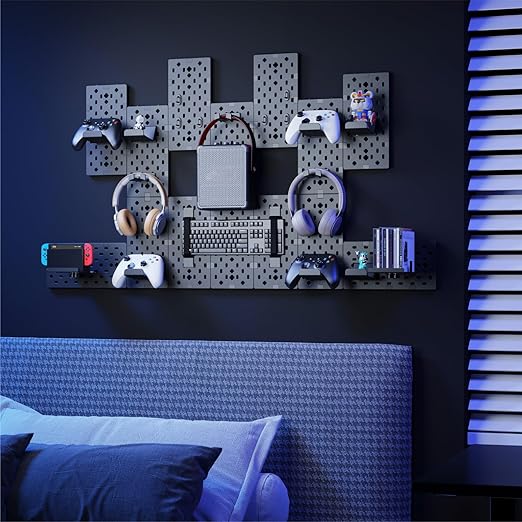 PEGZONE Controller and Headphone Holder Wall Mount, Modular Gaming Pegboard with Accessories, Controller Stand for Xbox PS5 PS4 Switch, Video Game Storage, Disc Shelf Organizer, 14pcs Pegboard, Black