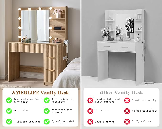 AMERLIFE 36.2" Fluted Vanity Desk with Mirror and Adjustable LED Lights, Large 4 Drawers Makeup Table with Glass Top and Charging Station for Women and Girls, Bedroom or Dorm, Natural Oak