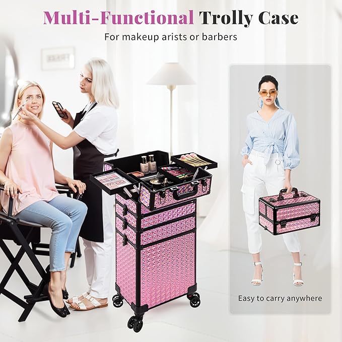 AROUS 5 in 1 Rolling Makeup Train Case Cosmetology Case on Wheels Large Cosmetic Organizer Travel Cart for Hairstylist Artist Nail Beauty Salon Barber,Pink