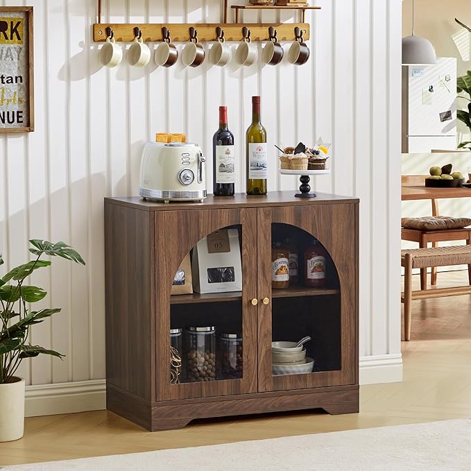 27" Floor Storage Cabinet, Mid-Century Wood Sideboard Buffet Cabinet with Display Arched Acrylic Door & 3-Level Adjustable Shelve for Bathroom, Living Room, Kitchen, Coofee Bar (Walnut)
