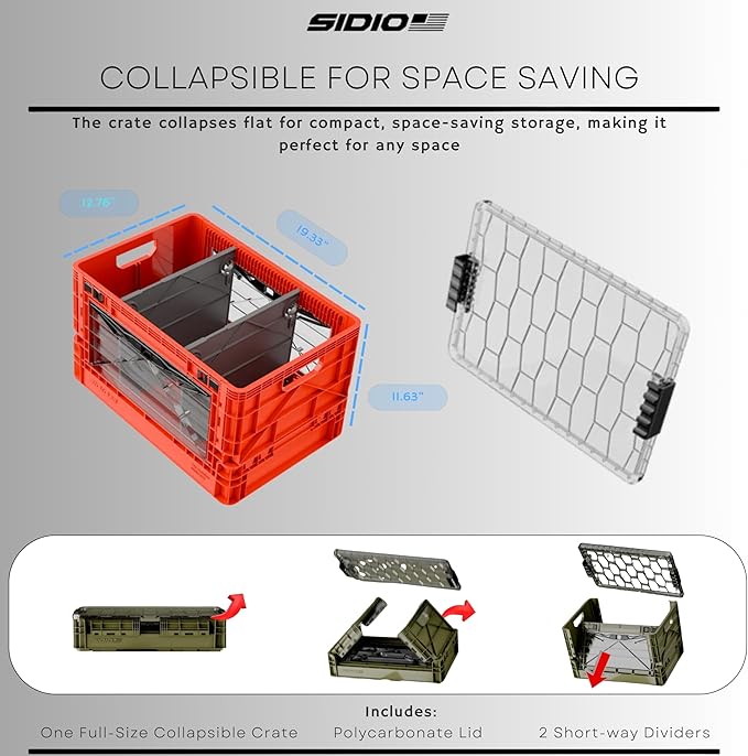 SIDIO Full-Size Collapsible Crate - Heavy Duty Stackable Storage Bin with Lid & 2 Short-Ways Dividers, Durable Plastic Organizer for Home, Office, Garage & Outdoor Use (Aircraft)