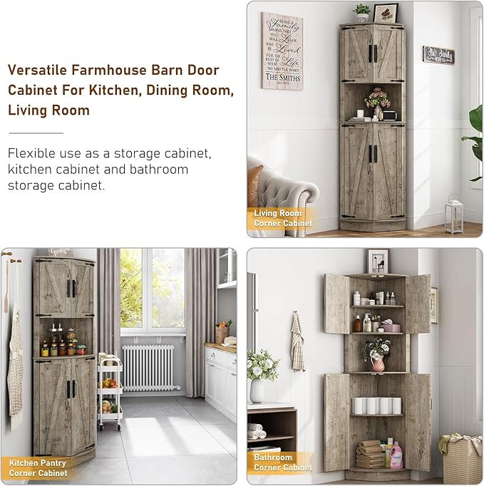68" Tall Farmhouse Corner Cabinet, Dining Room Storage Cabinet with 4 Barn Doors and 5 Level Storage with Adjustable Shelves, for Kitchen, Living Room, Laundry Room, Light Rustic Oak