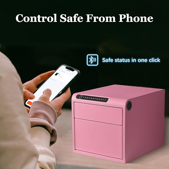 Biometric Fingerprint safe, Slide-Away Handgun Safe for Pistols, Leather Wrapped Jewelry Storage Safe, Drawer Safe for Home,Digital Keypad & Quick-Access Drawer (Pink-2 Drawer)