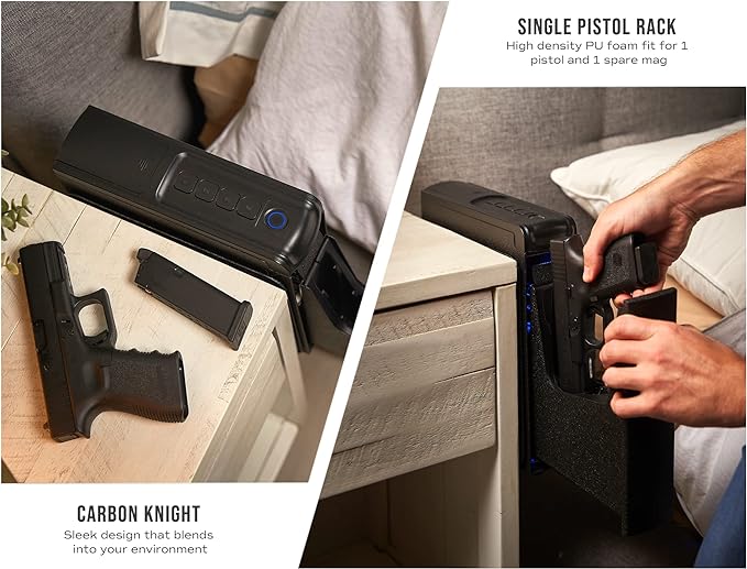 RPNB Gun Safe,Mounted Biometric Nightstand Handgun Safe with Quick Access Sliding Door, Pistol Safes for Wall Bedside Desk Vehicle with the Fingerprint, Keypad, Pistol Holder,Carbon Knight Series