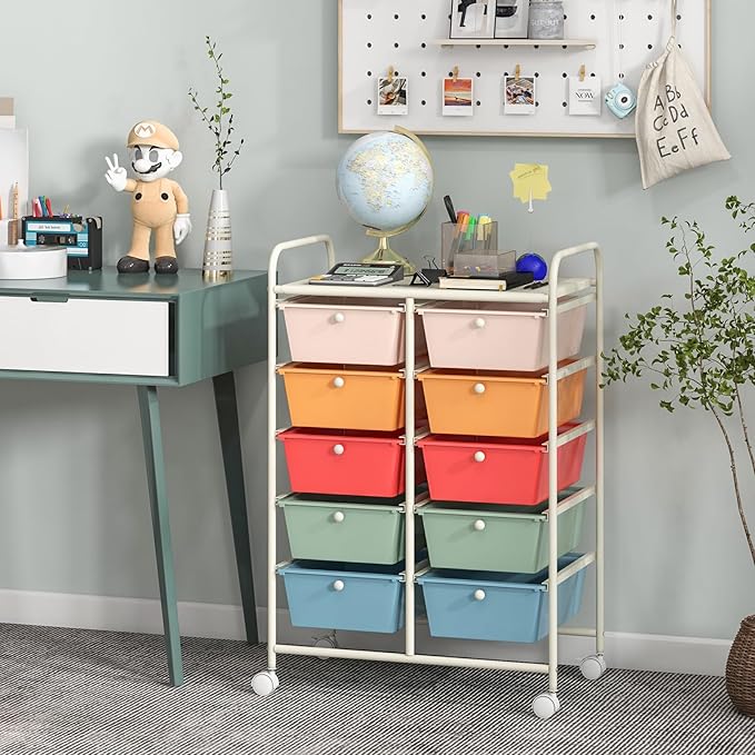 Giantex 10 Drawers Rolling Cart, Classroom Organizers, Storage Cart with Wheels, for Teacher Office Home School Supplies Tool Craft Art Paper, Multicolor