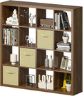 Bookshelf with Storage Bins, 16-Cube Storage Organizer Sturdy Wooden Cube Bookcase Horizontal Bookshelf with Storage, Furniture for Living Room Bedroom Office, Classic Oak