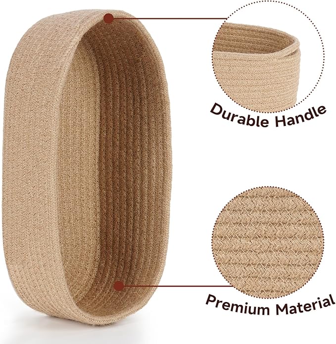 Temary Toilet Paper Basket, Narrow Cotton Rope Storage Bins with Handles, 2 Pack Small Decorative Baskets for Organizing Bathroom, Bedroom, Living Room (Jute, 13x5.9x3.9)