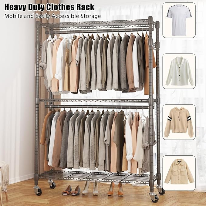 BATHWA Heavy Duty Garment Rack on Wheels, Rolling Clothes Racks for hanging clothes, Simple Sturdy Wardrobe Rack with Double Hanging Rods, 8 Side Hangers, Gray