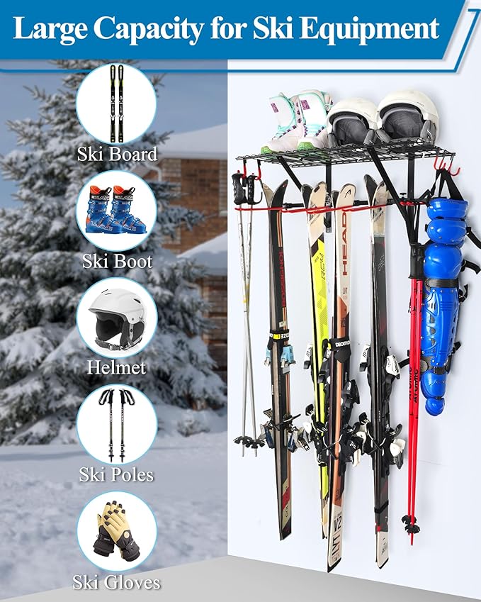 Mythinglogic Wall Mounted Ski Rack, Ski and Snowboard Storage Rack for Garage/Shed, Large Capacity Ski Equipment Holder with Top Shelf