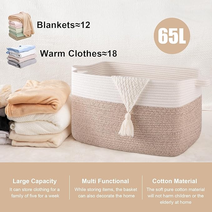 65L Large Storage Basket, Cotton Rope Woven Blanket Basket, Toy Storage for Baby Room, Living Room, Brown & White