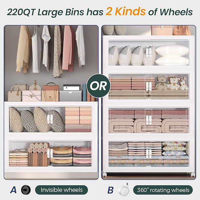 1100QT Extra Large Stackable Storage Bins with Lid, 275Gal Collapsible Closet Organizer Box with Wheels, Folding Plastic Storage Cabinet with Doors for Home Kitchen Office Dorm, 5Pack White