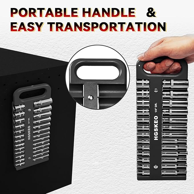 Magnetic Socket Holder Set with Handle, Portable Socket Organizer, Heavy Duty Socket Racks (Black, 1/4" Drive)