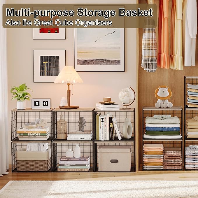 4PCS Wider Closet Organizers and Storage, Stackable Closet Shelf Organizer Storage Bins with Wood Top for Sweaters Jeans, Clothes Organizer Shelves for Wardrobe System Rack, Space-Saving,Sturdy Metal