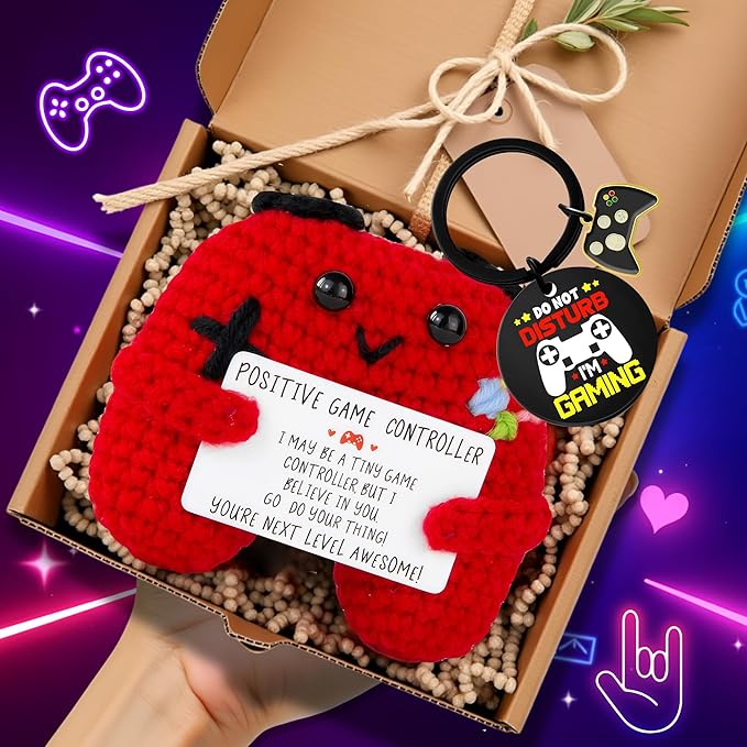 Gamer Gifts Positive Crochet Game Controller and Inspirational Keychain, Unique Teenage Boy Gifts Idea, Gaming Gift Set with Gamer Keychain, Birthday Gift Emotional Support Crochet for Game Lovers