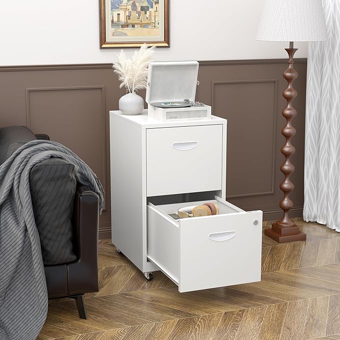 2 Drawer Mobile File Cabinet with Lock, Metal Filing Cabinets with Wheels, White Rolling Storage Cabinet, Under Desk Vertical File Cabinet for Home Office, Lockable Steel Two Drawer for Letter Size