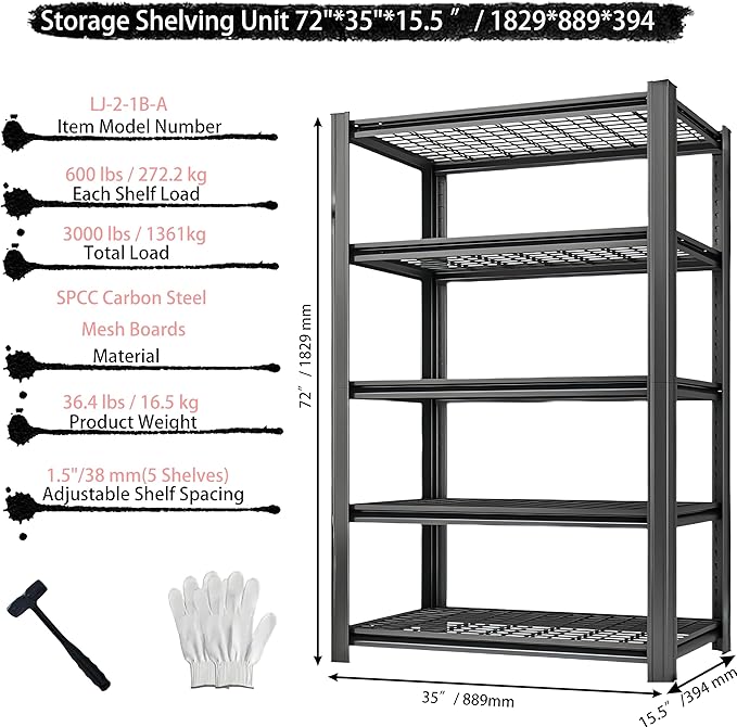 Standing Shelf Units Heavy Duty Storage Rack Industrial Wire Mesh Shelving 2750LBS Double Layer Support Floor Mount 5-Tier Black for Garage Storage Warehouse 72" H x 35" W x 15.5" D