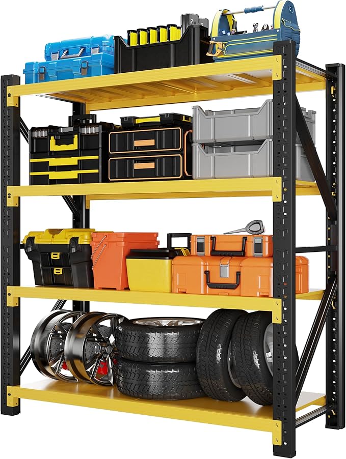 5000LBS Heavy Duty Garage Shelving 59" W Garage Storage Shelves 4-Tier Metal Adjustable Shelf Unit Storage Rack for Basement Supermarket Warehouse 59" W x 24" D x 78" H Yellow
