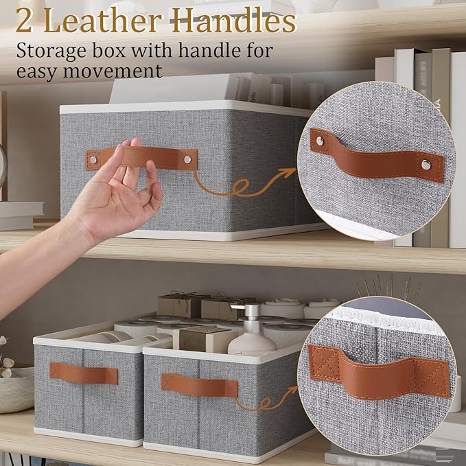 OUTBROS Cube Storage Unit Boxes, Foldable Bins for Bedrooms, Living Rooms, Shelves, Baskets With Handles, Fabric Wardrobe Organiser, Grey, 16.1 x 6.5 x 9.8 inch, 3-Pack