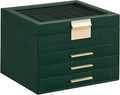 SONGMICS Jewelry Box Organizer with Glass Lid, 4-Layer Jewelry Storage, with 3 Drawers, Modern Style, Christmas Gift, 8 x 9.1 x 6.5 Inches, Forest Green and Gold Color UJBC173C01