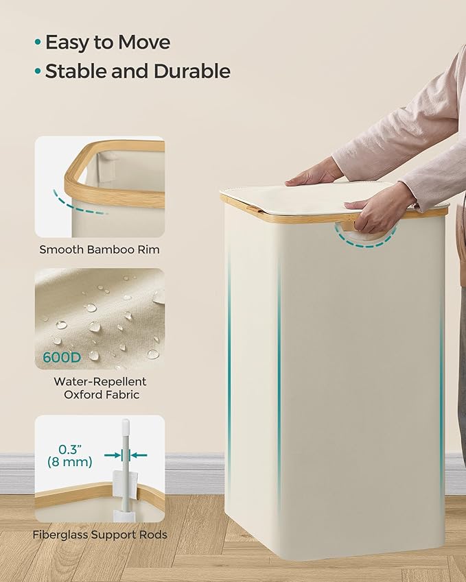 SONGMICS Laundry Hamper with Lid, 2-Section Large Laundry Basket, 34.3-gallon (130L), Removable Mesh Liner, Bamboo Handles, Collapsible, 20.5 x 15.2 x 27.8 Inches, Cream White ULCB513W01