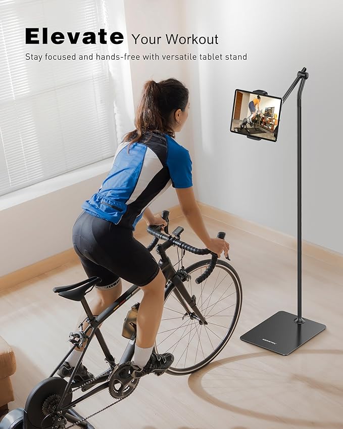 AboveTEK Tablet Floor Stand,Stylish Adjustable Height iPad Floor Stand with Stable Base,Aluminum 360° Rotation Holder for Sofa Bed,Fits 4.7-13.5"iPad Pro 12.9/Air/Mini,Galaxy Tab,iPhone,Kindle(Black)