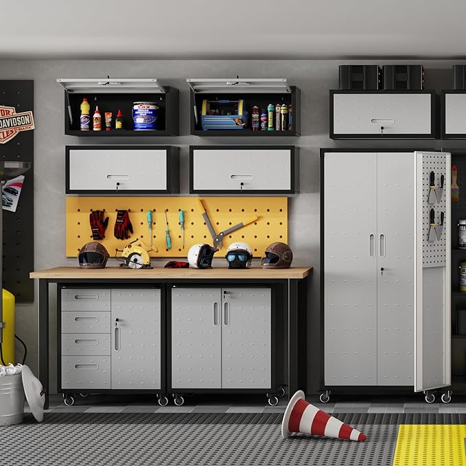 Metal Tool Cabinet,Garage Storage Cabinet System,Wall Cabinet & Locking Rolling Tool Cabinet with Doors and Adjustable Shelves,Steel Tool Cabinets for Home (2 Pcs-StyleAA, Black & Grey)