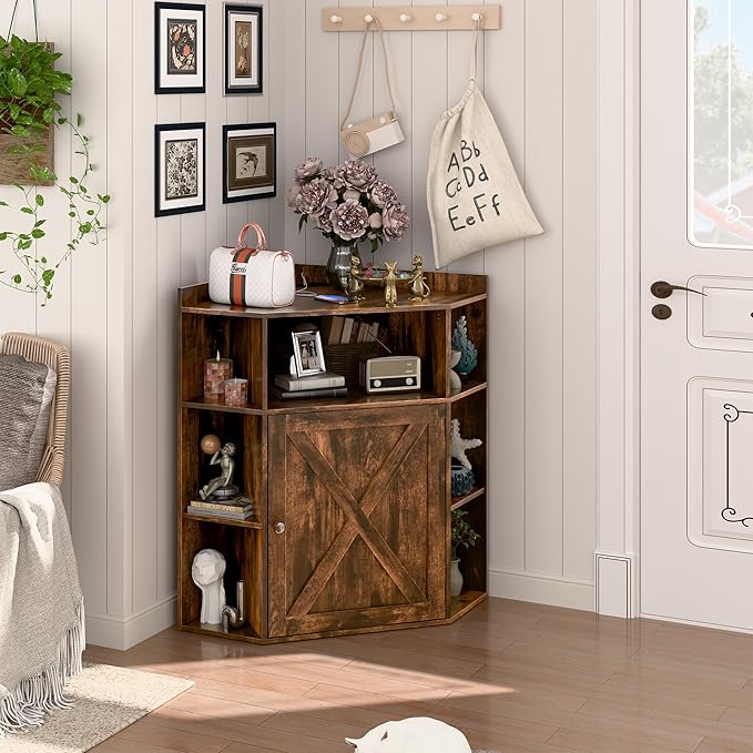 Corner Storage Cabinet, Farmhouse Corner Bookshelf with Storage 6-Cubby Wooden Cabinet with USB Ports and Outlets Industrial Organizer for Small Space, Study, Playroom, Living Room