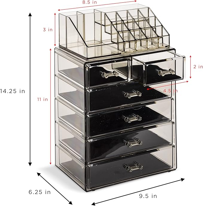 Sorbus Acrylic Makeup Organizer Set, 6-Drawer Vanity & Countertop Cosmetic Storage with Small & Wide Compartments, Black-Tint Makeup Storage for Brushes, Jewelry – Holiday Gift for Women & Teens
